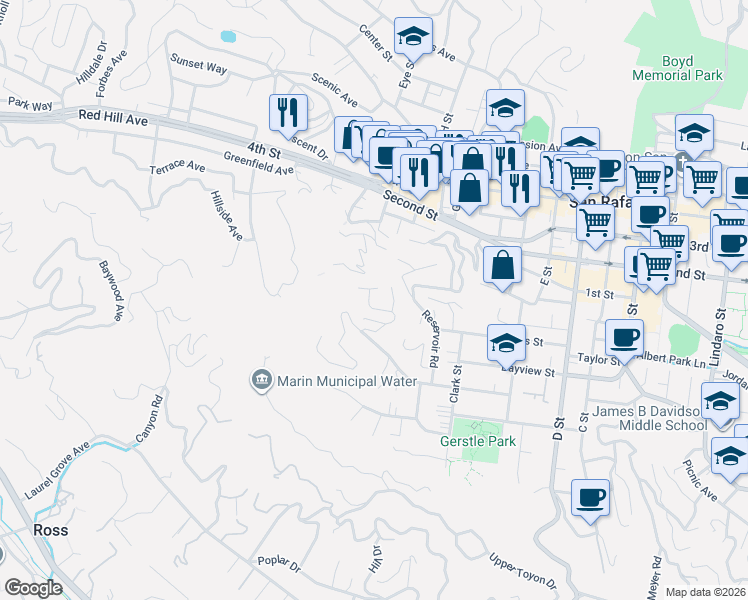map of restaurants, bars, coffee shops, grocery stores, and more near 15 Gloria Drive in San Rafael