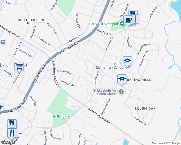 map of restaurants, bars, coffee shops, grocery stores, and more near 3427 Kenesaw Drive in Lexington