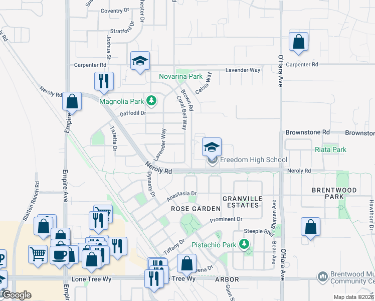 map of restaurants, bars, coffee shops, grocery stores, and more near 329 Silver Bell Way in Oakley