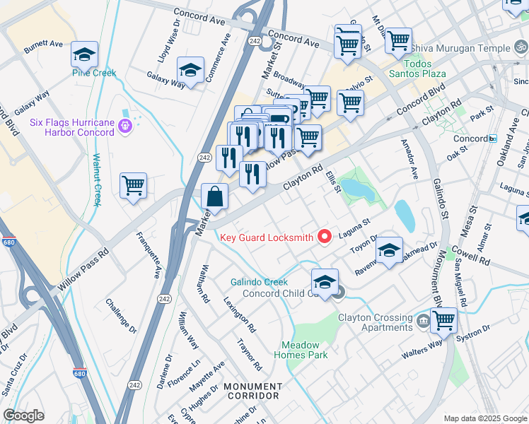 map of restaurants, bars, coffee shops, grocery stores, and more near 1741 Detroit Avenue in Concord