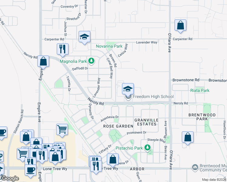 map of restaurants, bars, coffee shops, grocery stores, and more near 329 Silver Bell Way in Oakley