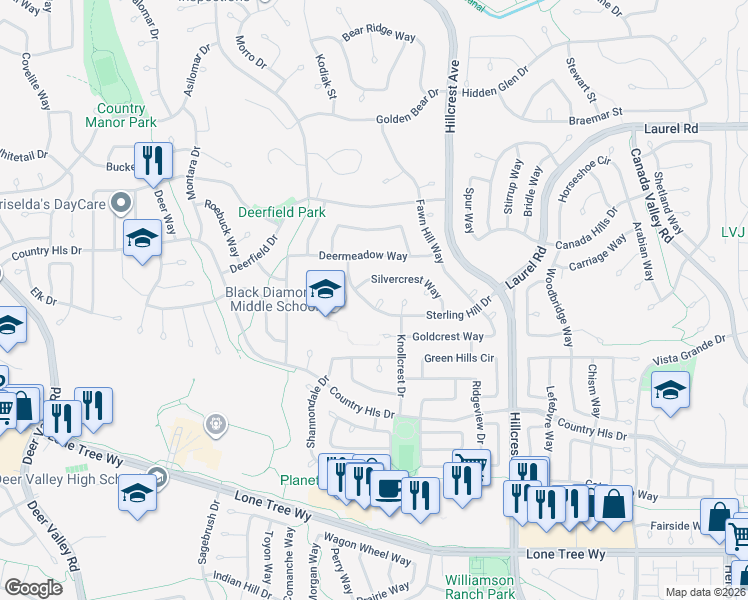 map of restaurants, bars, coffee shops, grocery stores, and more near 4750 Sterling Hill Drive in Antioch