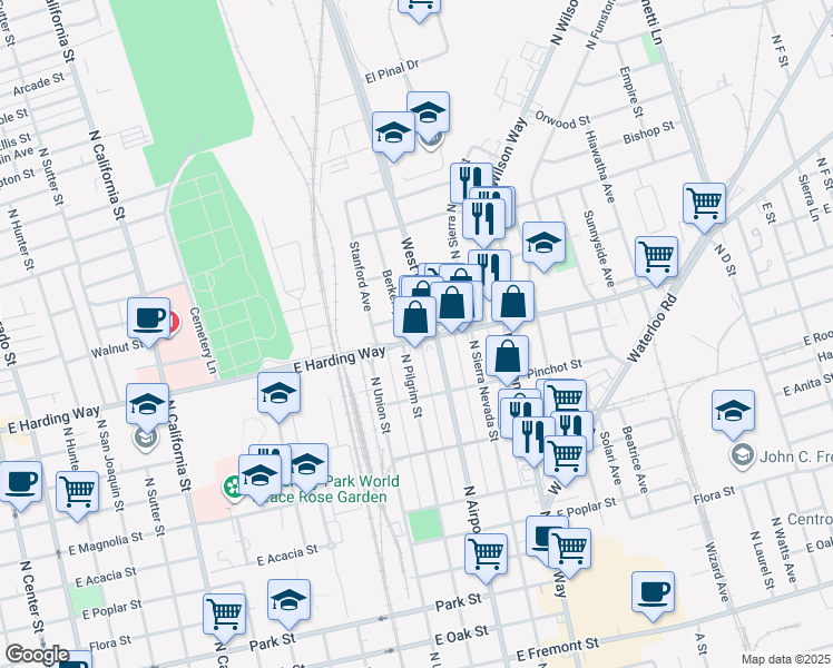map of restaurants, bars, coffee shops, grocery stores, and more near 1217 East Harding Way in Stockton