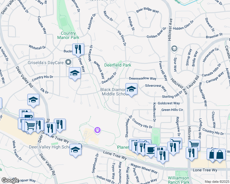 map of restaurants, bars, coffee shops, grocery stores, and more near 4505 Wolverine Way in Antioch