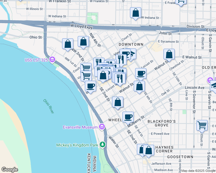 map of restaurants, bars, coffee shops, grocery stores, and more near in Evansville