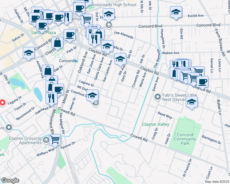 map of restaurants, bars, coffee shops, grocery stores, and more near 2050 5th Avenue in Concord