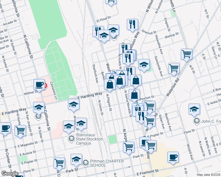 map of restaurants, bars, coffee shops, grocery stores, and more near 1620 Berkeley Avenue in Stockton