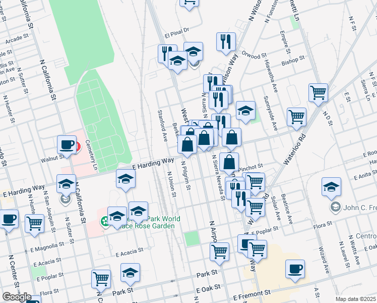 map of restaurants, bars, coffee shops, grocery stores, and more near 1217 East Harding Way in Stockton