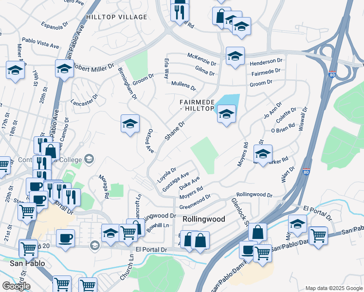map of restaurants, bars, coffee shops, grocery stores, and more near 2858 Shane Drive in Richmond