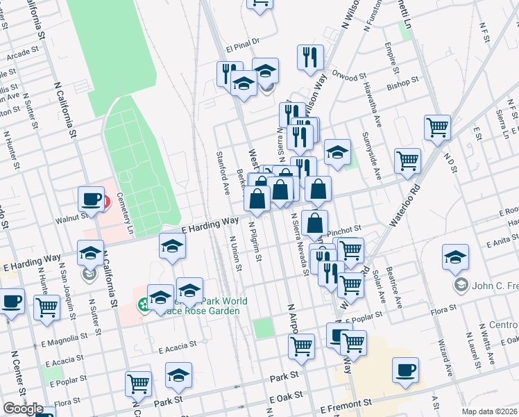 map of restaurants, bars, coffee shops, grocery stores, and more near 1620 Berkeley Avenue in Stockton
