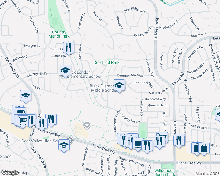map of restaurants, bars, coffee shops, grocery stores, and more near 4519 Doe Way in Antioch