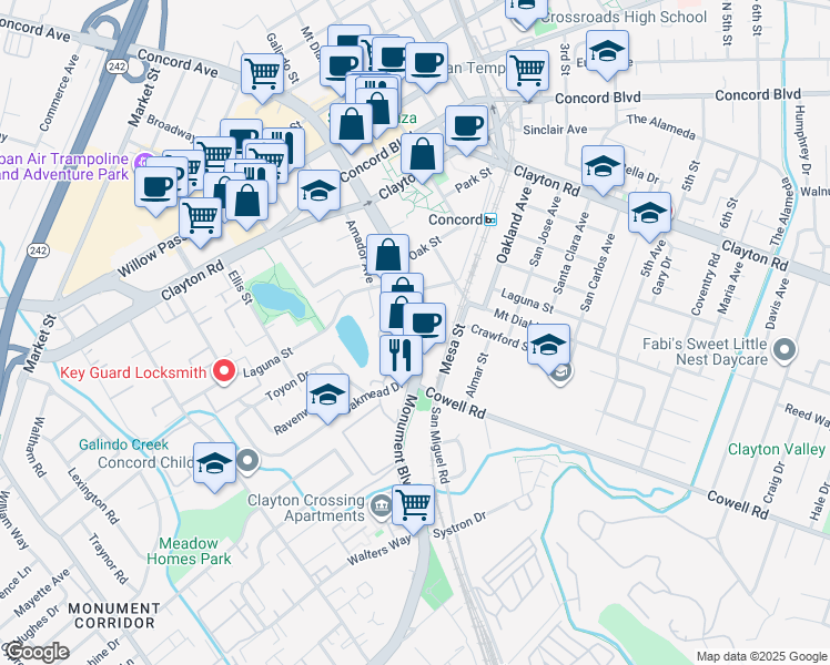map of restaurants, bars, coffee shops, grocery stores, and more near 1335 Galindo Street in Concord