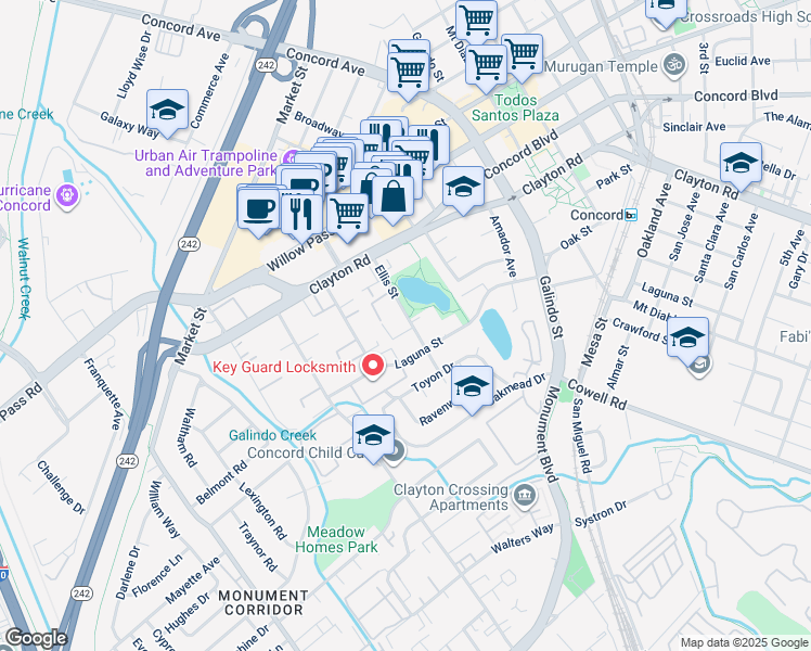 map of restaurants, bars, coffee shops, grocery stores, and more near 1731 Ellis Street in Concord