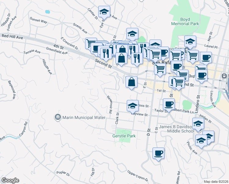 map of restaurants, bars, coffee shops, grocery stores, and more near 15 Miraflores Avenue in San Rafael
