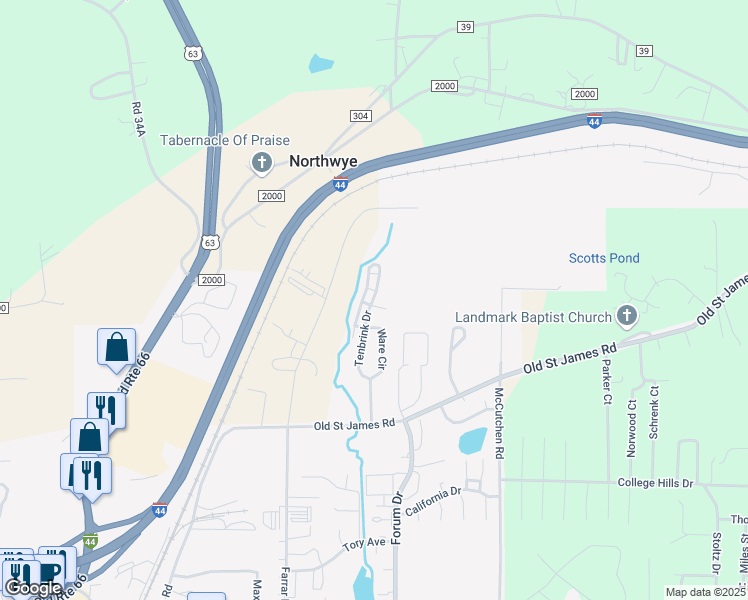 map of restaurants, bars, coffee shops, grocery stores, and more near 2231 Tenbrink Drive in Rolla