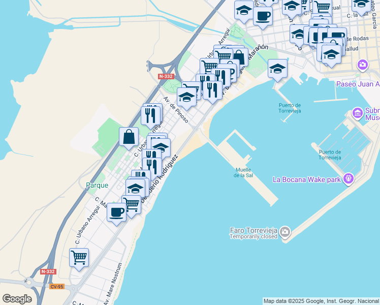 map of restaurants, bars, coffee shops, grocery stores, and more near 8 Avenida Desiderio Rodríguez in Torrevieja