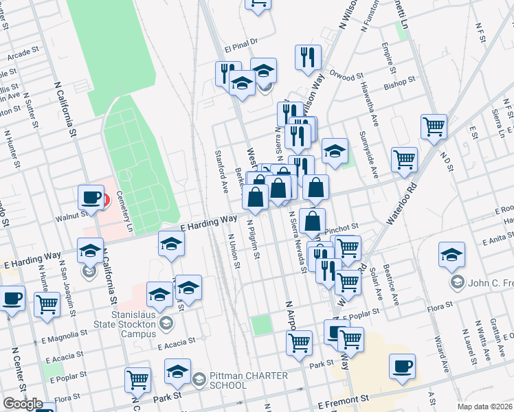map of restaurants, bars, coffee shops, grocery stores, and more near 1620 Berkeley Avenue in Stockton
