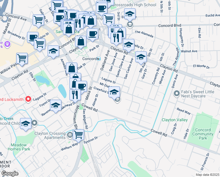 map of restaurants, bars, coffee shops, grocery stores, and more near 2840 Mount Diablo Street in Concord