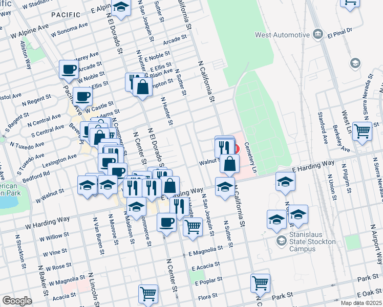 map of restaurants, bars, coffee shops, grocery stores, and more near 1743 North San Joaquin Street in Stockton