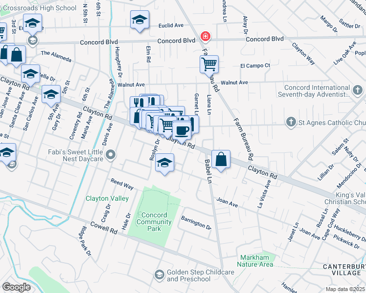 map of restaurants, bars, coffee shops, grocery stores, and more near 3531 Clayton Road in Concord