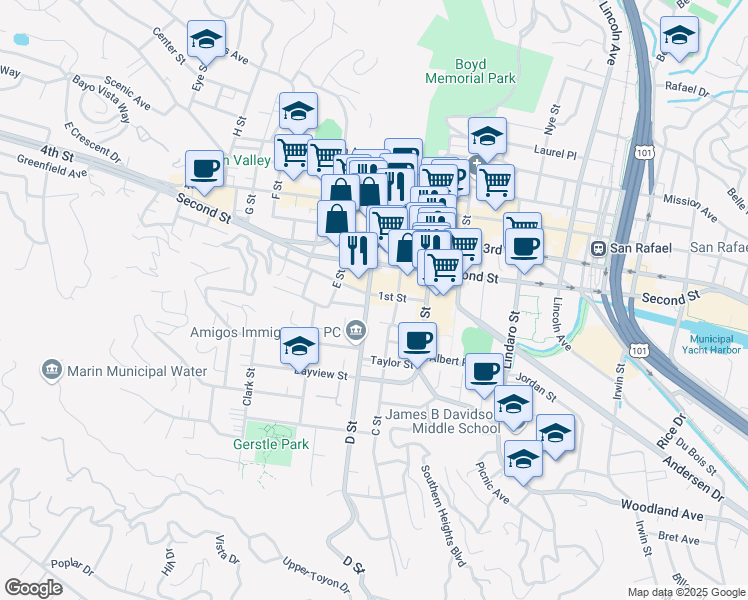 map of restaurants, bars, coffee shops, grocery stores, and more near 712 D Street in San Rafael