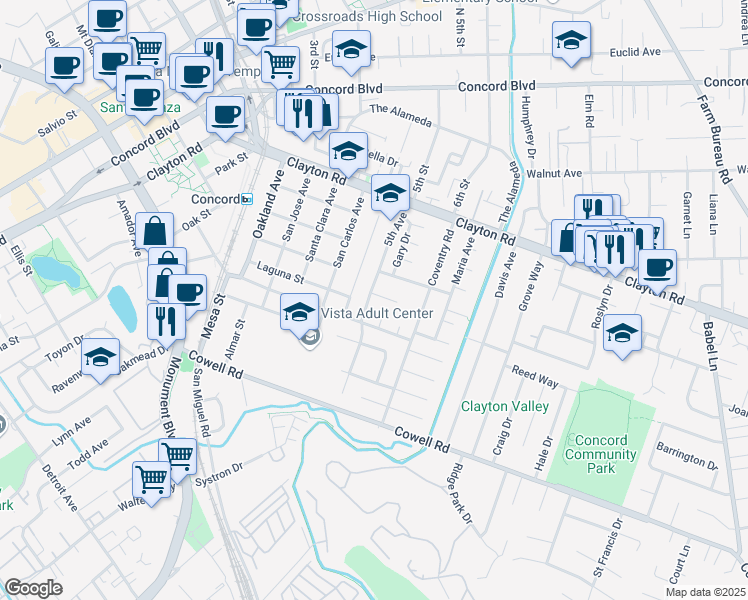 map of restaurants, bars, coffee shops, grocery stores, and more near 2050 5th Avenue in Concord