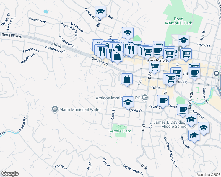 map of restaurants, bars, coffee shops, grocery stores, and more near 15 Miraflores Avenue in San Rafael