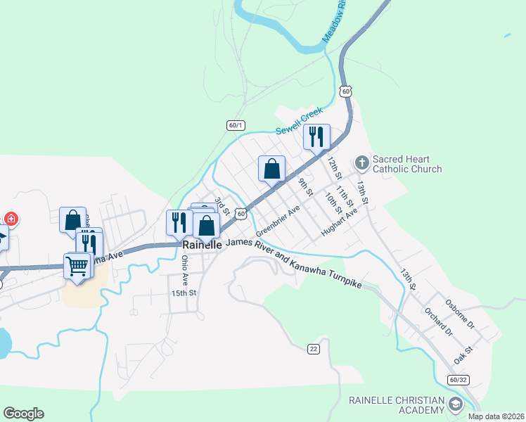 map of restaurants, bars, coffee shops, grocery stores, and more near 345 7th Street in Rainelle
