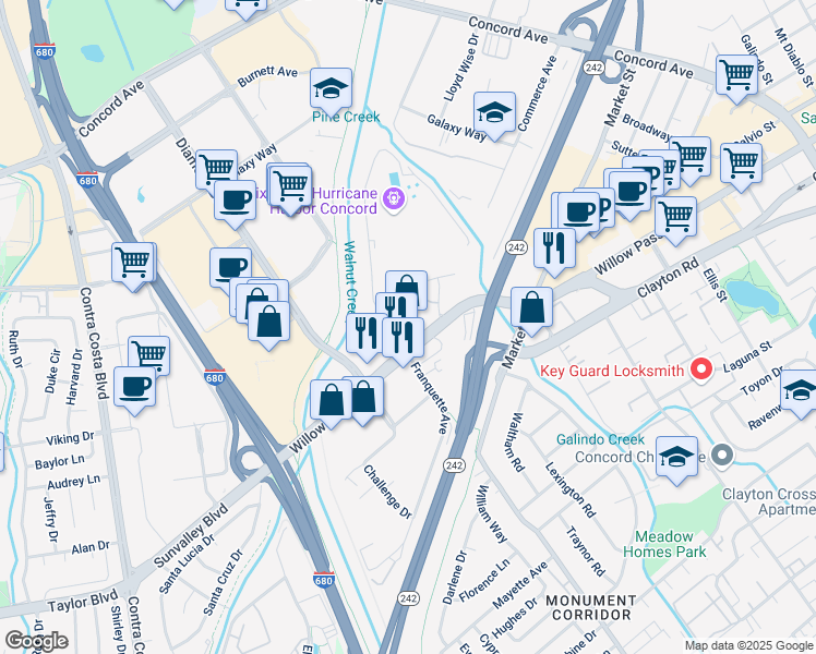 map of restaurants, bars, coffee shops, grocery stores, and more near 1401 Willow Pass Road in Concord