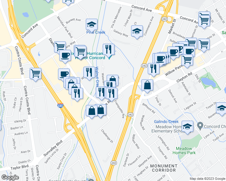 map of restaurants, bars, coffee shops, grocery stores, and more near 1401 Willow Pass Road in Concord