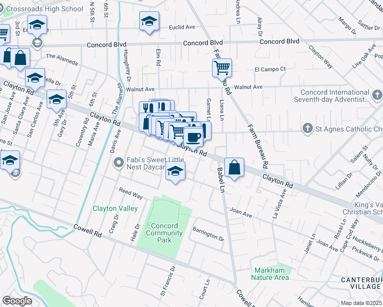 map of restaurants, bars, coffee shops, grocery stores, and more near 3531 Clayton Road in Concord