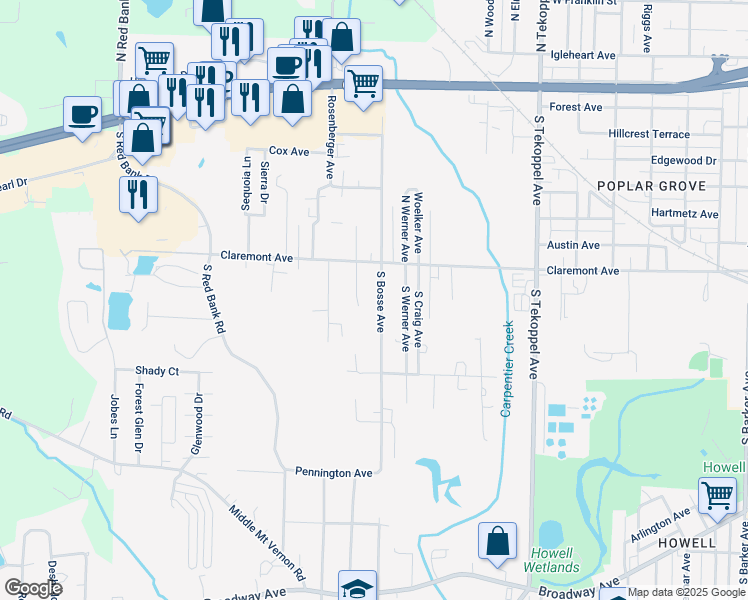 map of restaurants, bars, coffee shops, grocery stores, and more near 605 South Bosse Avenue in Evansville