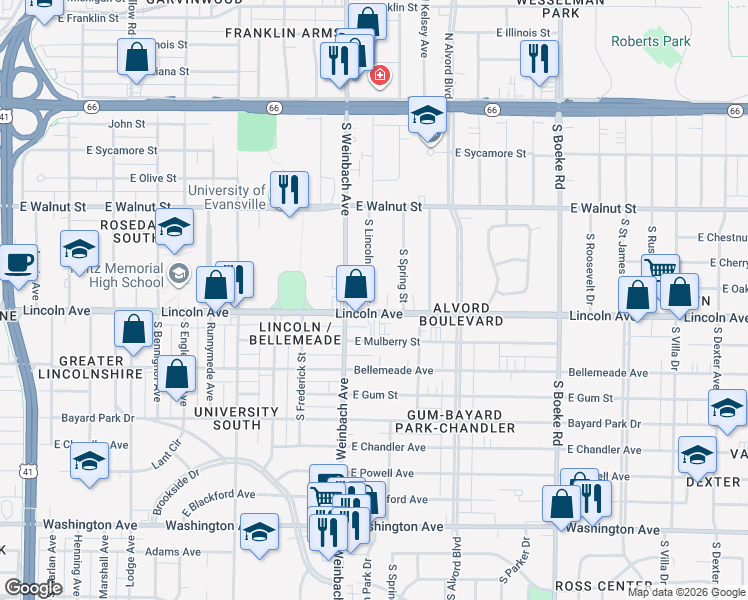 map of restaurants, bars, coffee shops, grocery stores, and more near 518 South Lincoln Park Drive in Evansville