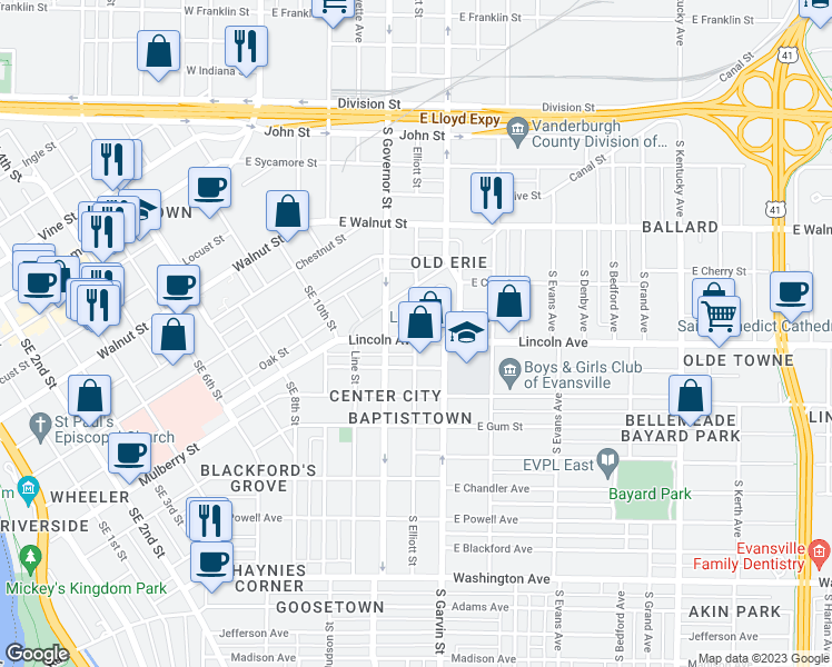 map of restaurants, bars, coffee shops, grocery stores, and more near 500 Lincoln Avenue in Evansville
