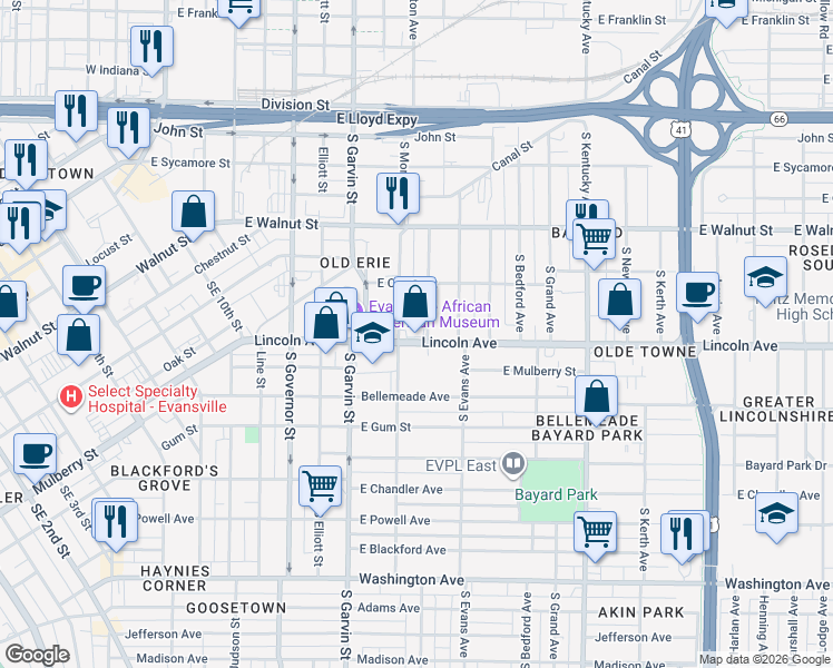 map of restaurants, bars, coffee shops, grocery stores, and more near 671 Brower Street in Evansville