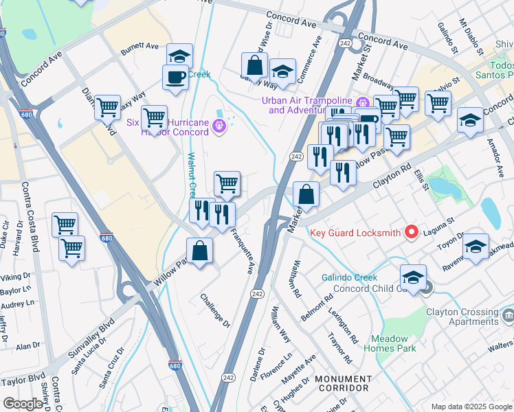 map of restaurants, bars, coffee shops, grocery stores, and more near 1505 Willow Pass Rd in Concord