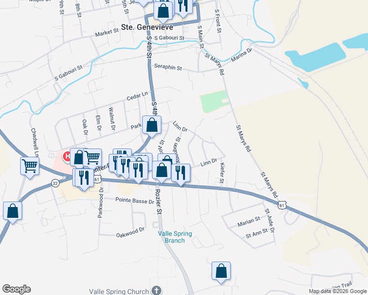 map of restaurants, bars, coffee shops, grocery stores, and more near 507 Audubon Street in Ste. Genevieve