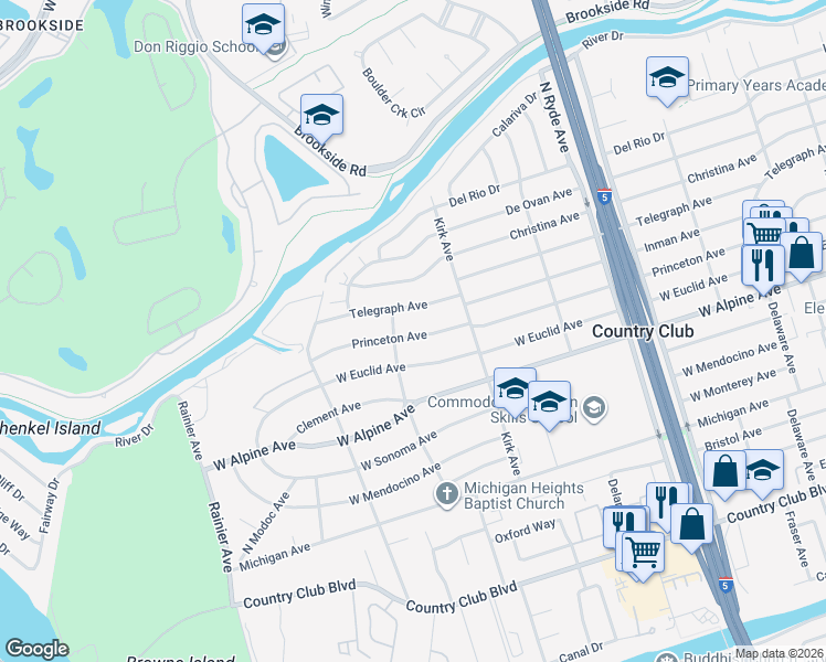 map of restaurants, bars, coffee shops, grocery stores, and more near 3131 Princeton Avenue in Stockton