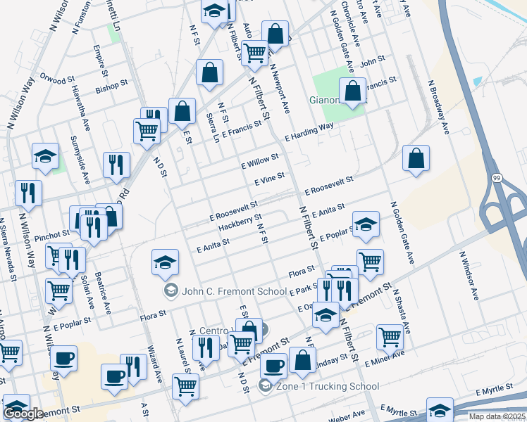 map of restaurants, bars, coffee shops, grocery stores, and more near 1115 North F Street in Stockton