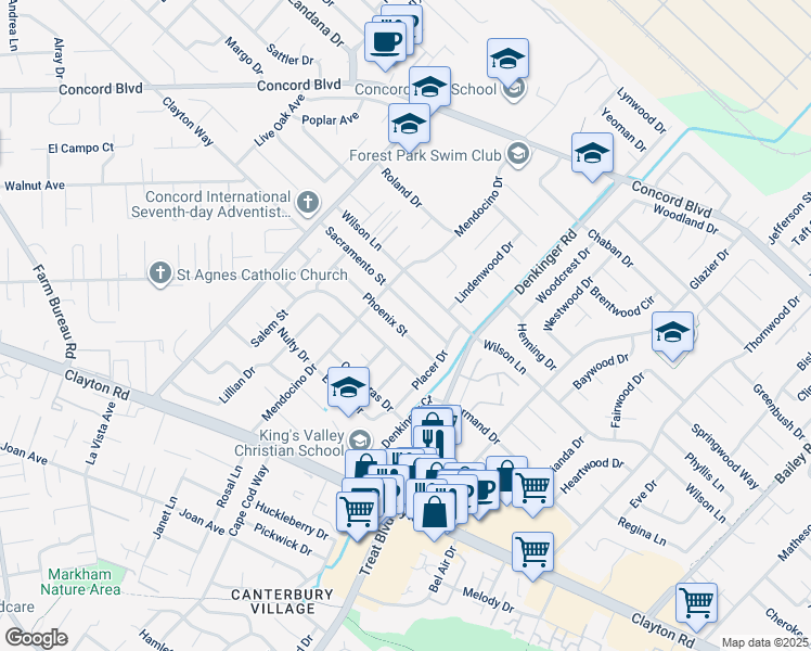 map of restaurants, bars, coffee shops, grocery stores, and more near 4125 Sacramento Street in Concord