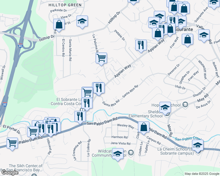 map of restaurants, bars, coffee shops, grocery stores, and more near in El Sobrante