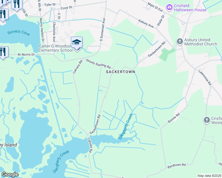 map of restaurants, bars, coffee shops, grocery stores, and more near 3228 Sackertown Road in Crisfield