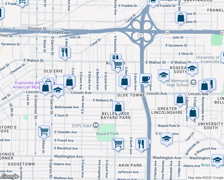 map of restaurants, bars, coffee shops, grocery stores, and more near 528 South Kentucky Avenue in Evansville