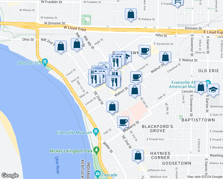 map of restaurants, bars, coffee shops, grocery stores, and more near 101 Southeast 4th Street in Evansville