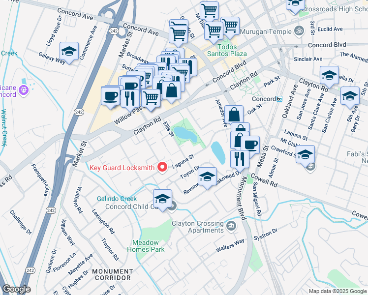 map of restaurants, bars, coffee shops, grocery stores, and more near 1530 Ellis Street in Concord