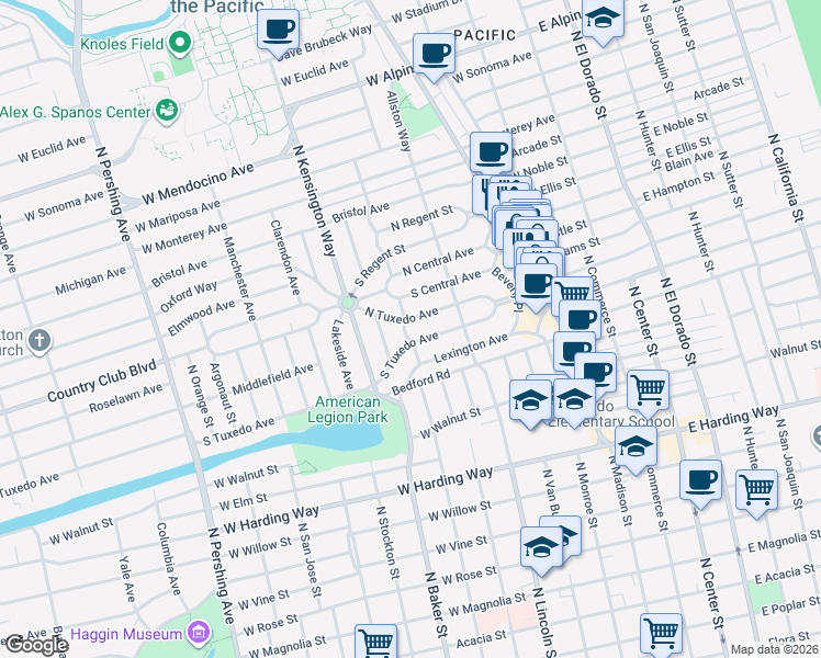 map of restaurants, bars, coffee shops, grocery stores, and more near 2218 Dwight Way in Stockton