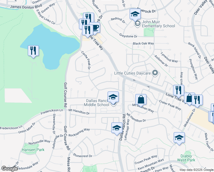 map of restaurants, bars, coffee shops, grocery stores, and more near 4925 Cache Peak Drive in Antioch