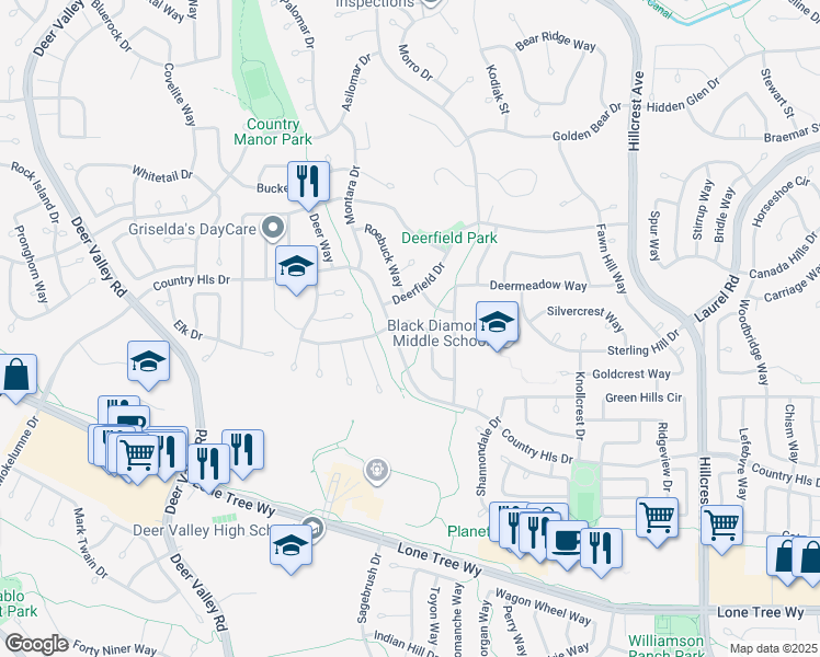 map of restaurants, bars, coffee shops, grocery stores, and more near 4420 Wolverine Way in Antioch