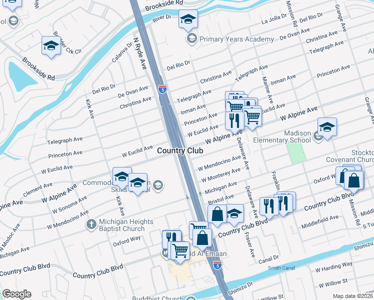 map of restaurants, bars, coffee shops, grocery stores, and more near 3298 Plymouth Road in Stockton