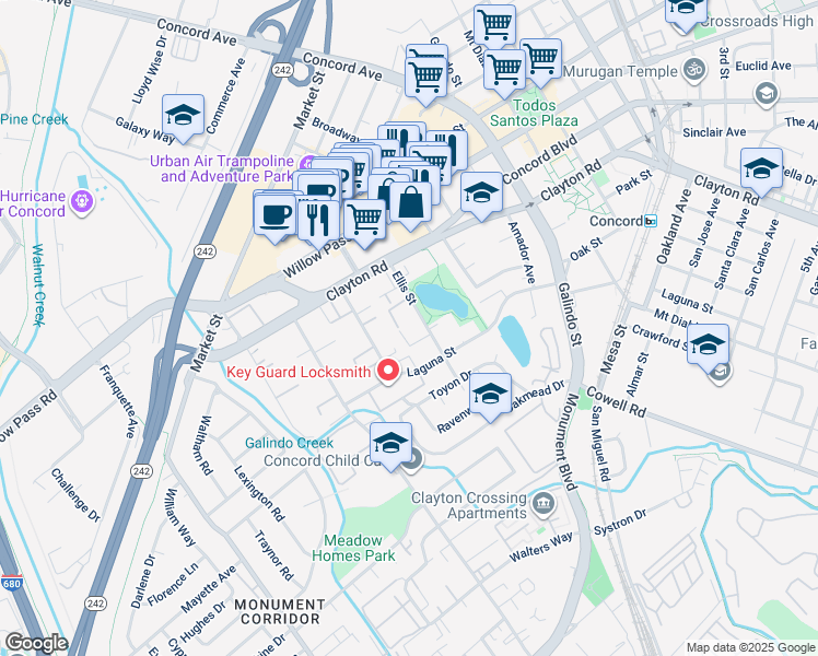 map of restaurants, bars, coffee shops, grocery stores, and more near 1591 Ellis Street in Concord